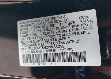 2024 Honda Odyssey Ex-L from USA, damaged, VIN 5FNRL6H64RB036556